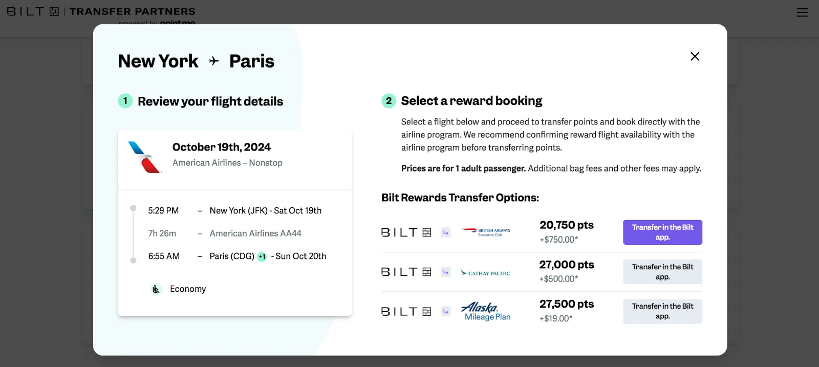 Bilt Transfer Partners tool showing a New York to Paris American Airlines flight with award booking options via British Airways, Cathay Pacific, and Alaska Mileage Plan