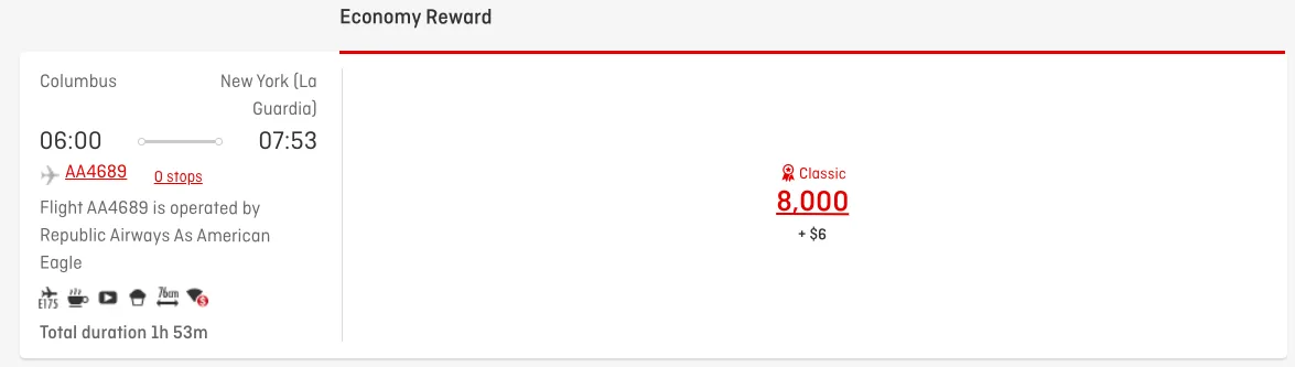 Screenshot of a Qantas award search showing a Columbus to New York LaGuardia flight priced at 8,000 points in Economy Classic