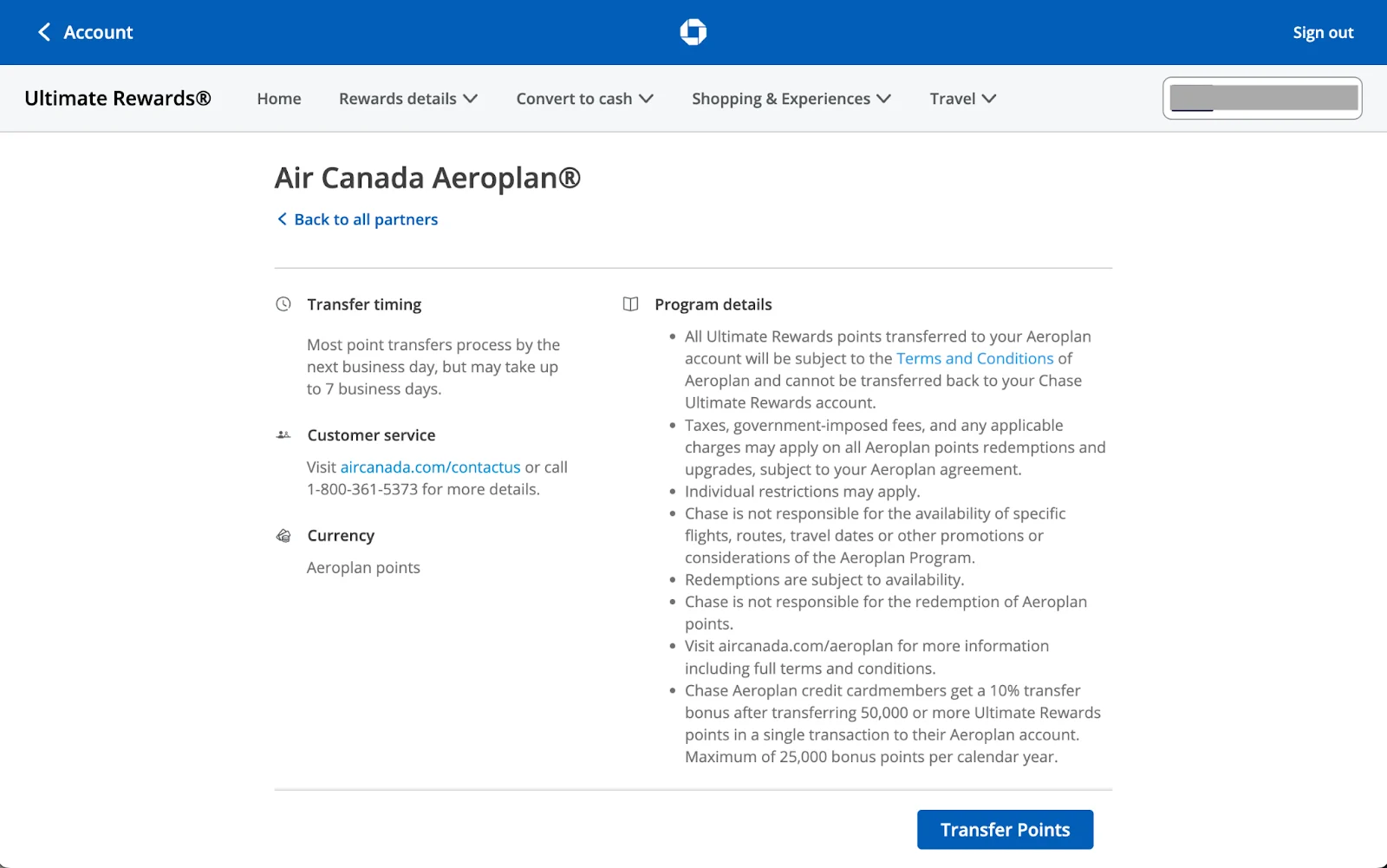 Chase Ultimate Rewards partner details page for Air Canada Aeroplan showing transfer timing, program terms, and a Transfer Points button