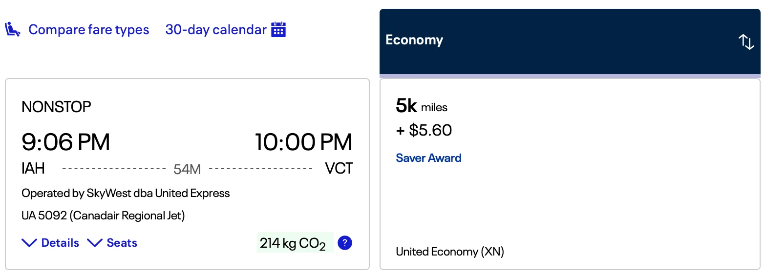 Screenshot of a United award search for a nonstop regional flight from Houston to Victoria, Texas, priced at 5,000 miles in economy.