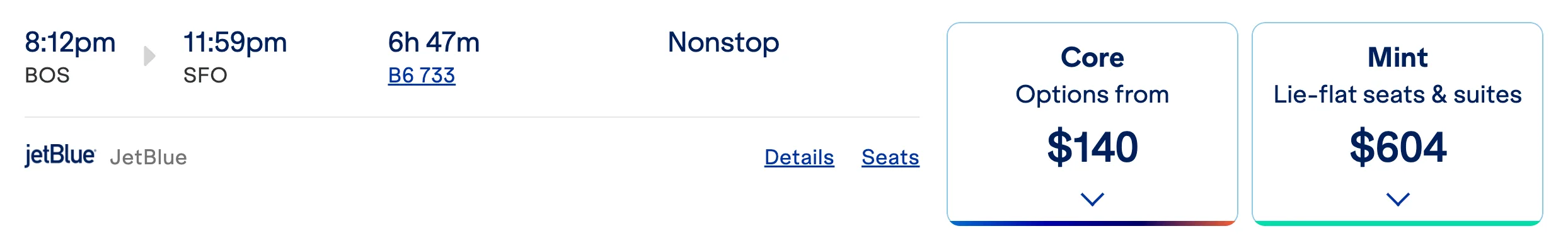 Screenshot of a JetBlue fare comparison for a Boston to San Francisco flight, showing Core fares from $140 and Mint fares at $604