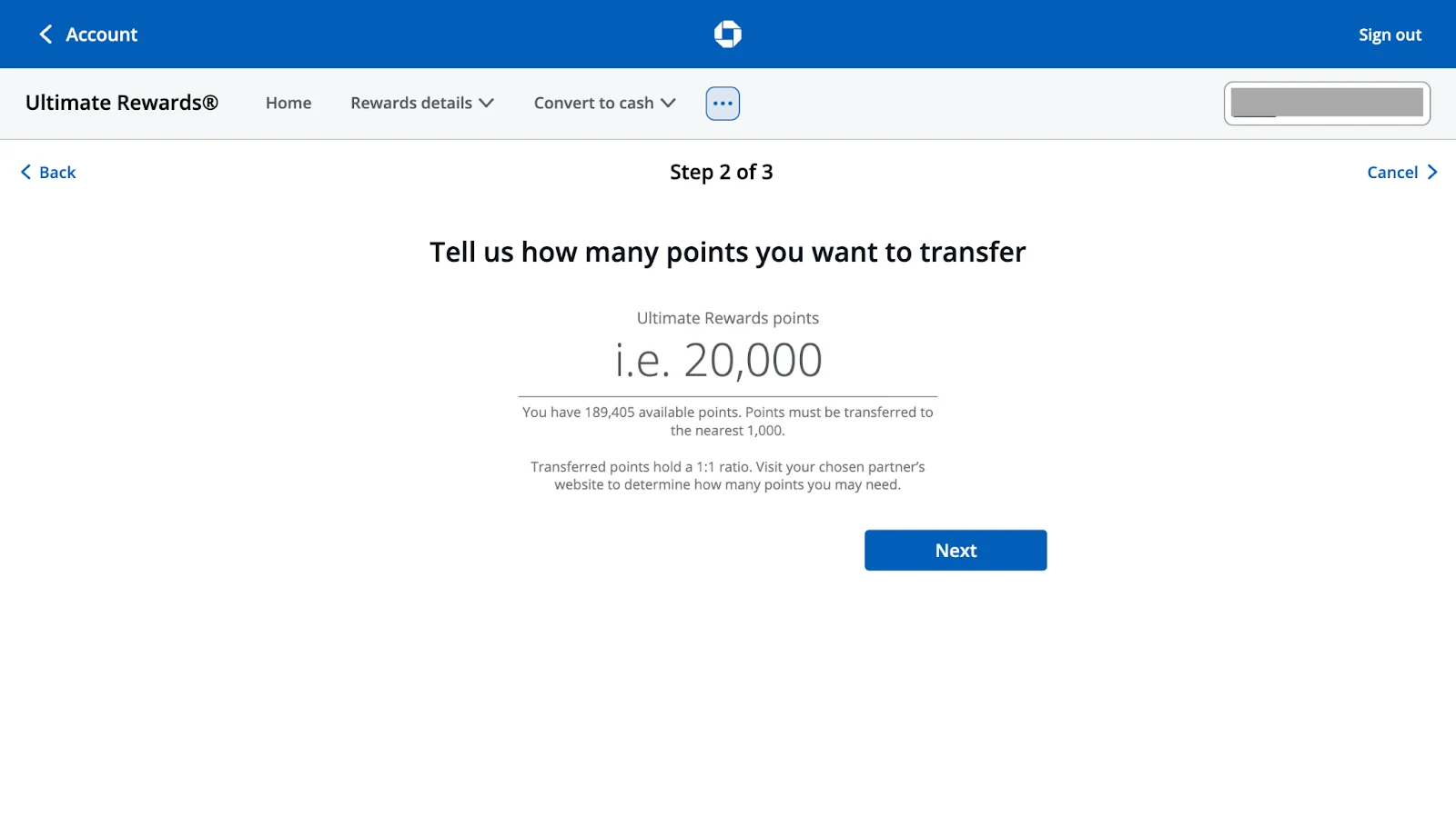 Chase Ultimate Rewards transfer screen for entering the number of points to transfer, with the available point balance shown