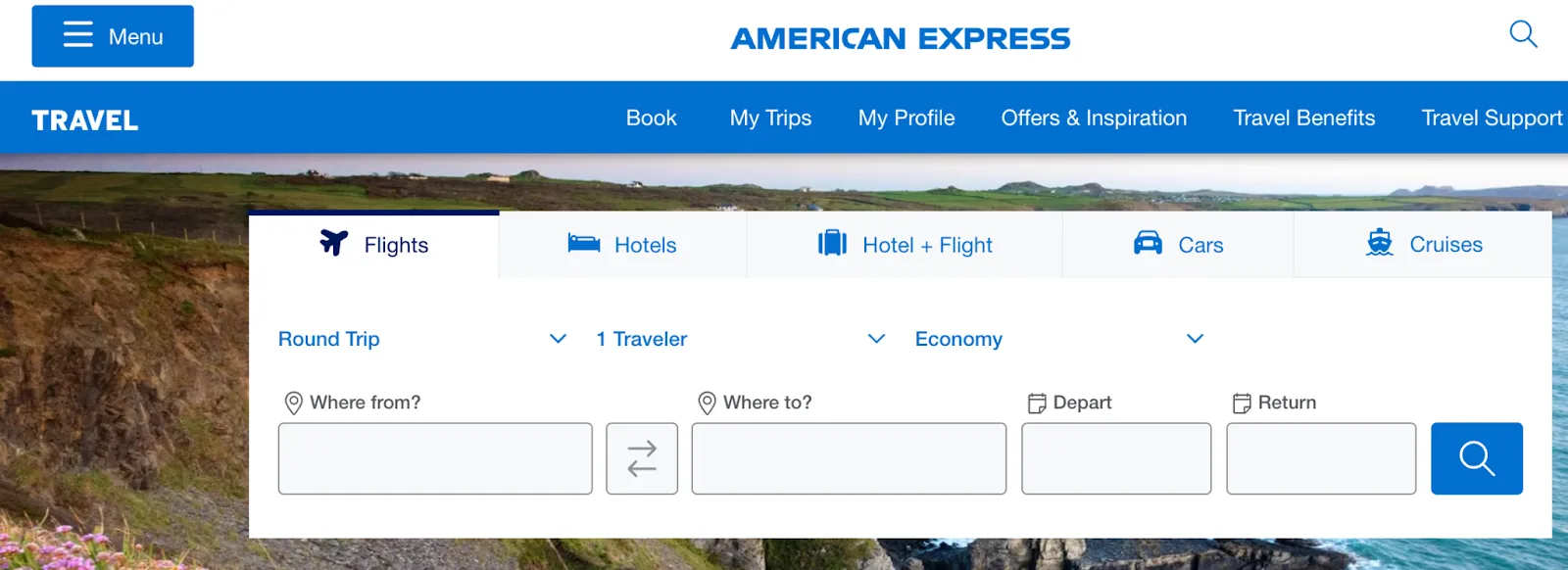 American Express Travel homepage showing the flight search tool over a coastal cliffside photo