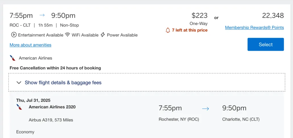 Screenshot of an Amex Travel search result for an American Airlines flight from Rochester to Charlotte, priced at $223 or 22,348 points.