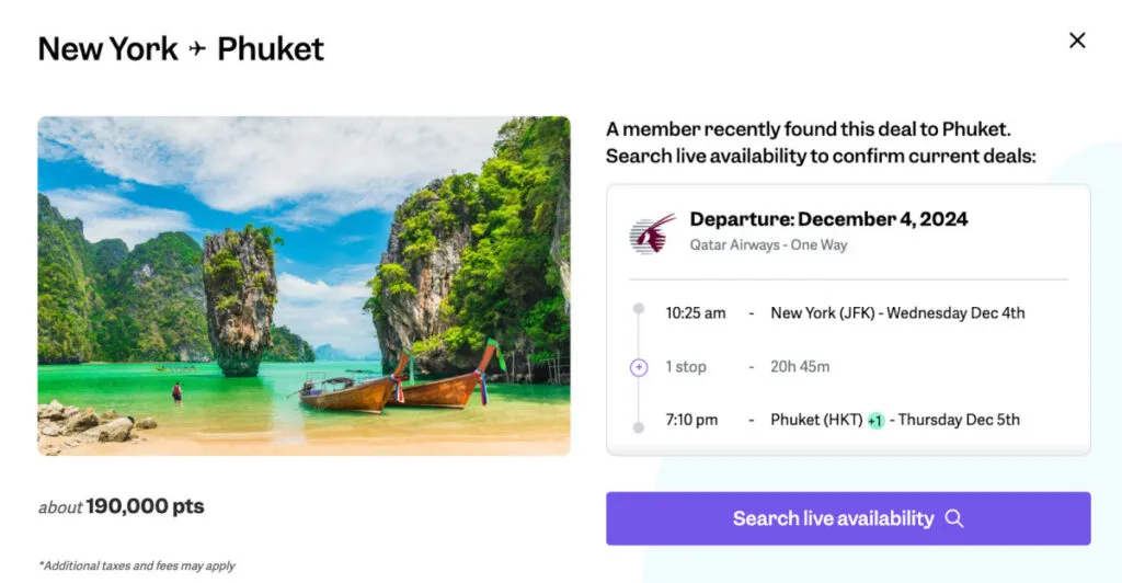 Screenshot of a point.me deal page for a New York to Phuket flight on Qatar Airways, priced at about 190,000 points, alongside a photo of a tropical beach with limestone cliffs