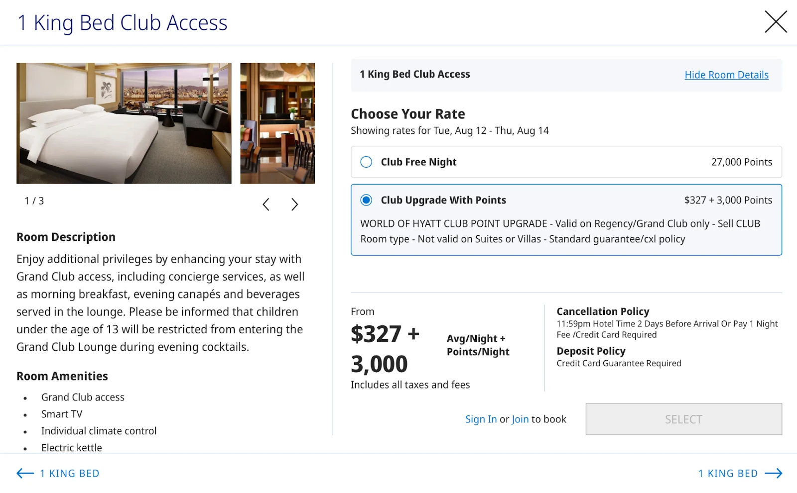 Screenshot of a World of Hyatt room upgrade option showing a Club Free Night for 27,000 points or a Club Upgrade for $327 plus 3,000 points