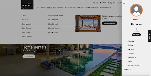 Screenshot of the Marriott Bonvoy website showing a member profile panel with zero points next to a home rentals promotion.