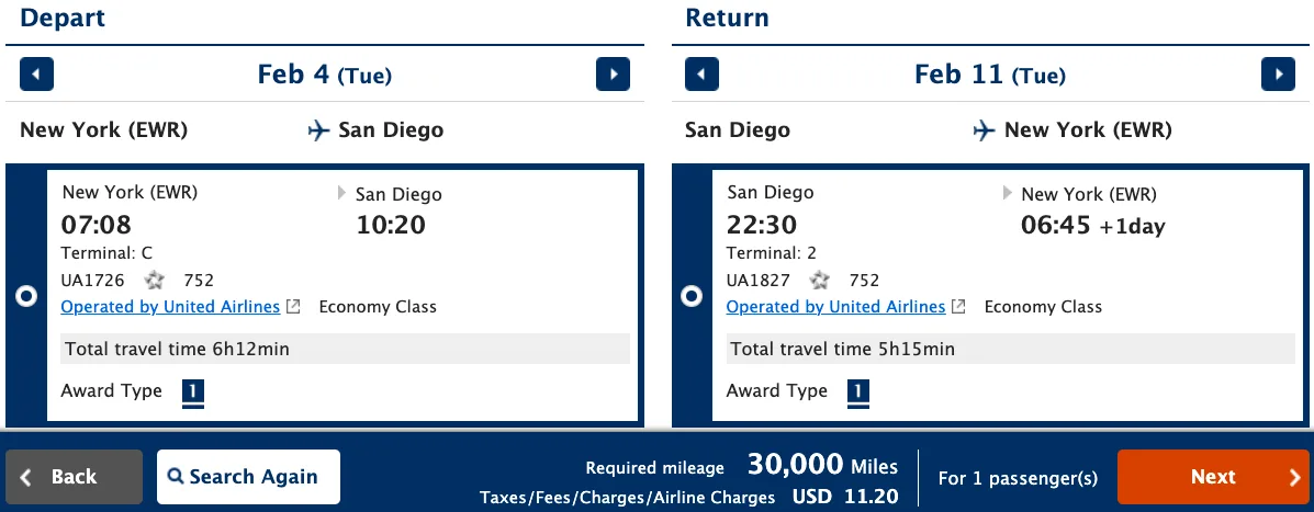 Screenshot of an ANA Mileage Club award booking showing a United Airlines economy round trip between New York and San Diego for 30,000 miles.