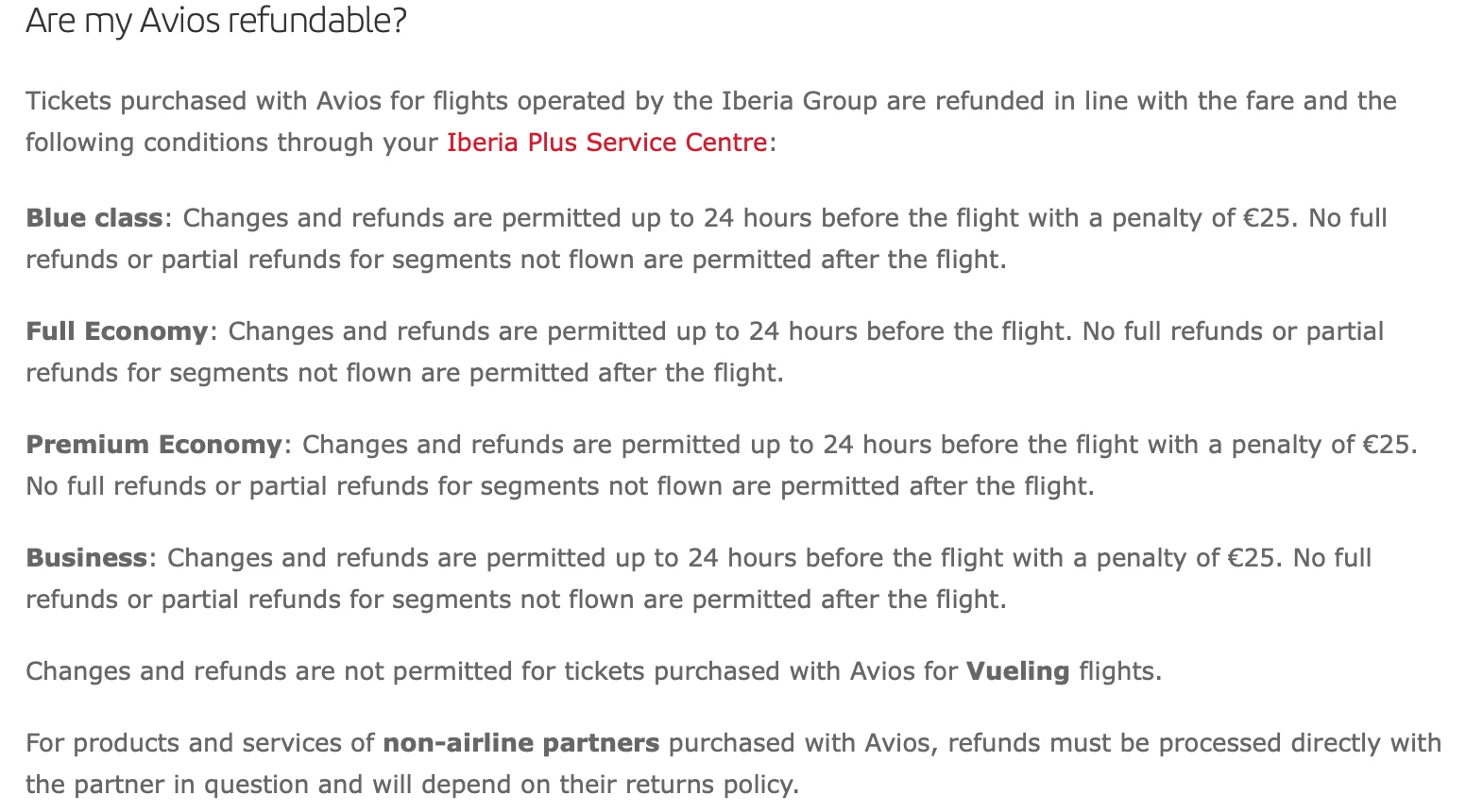 Screenshot of an Iberia Plus FAQ explaining Avios refund rules by cabin class, including a 25-euro penalty for Blue Class, Premium Economy, and Business changes.