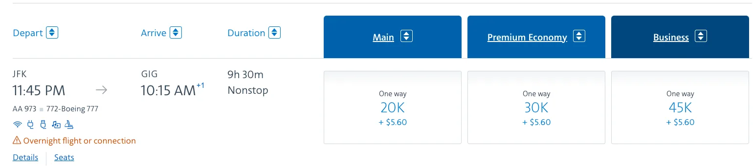 Screenshot of an American Airlines award search for a JFK to Rio de Janeiro flight, listing Main, Premium Economy, and Business fares in miles.
