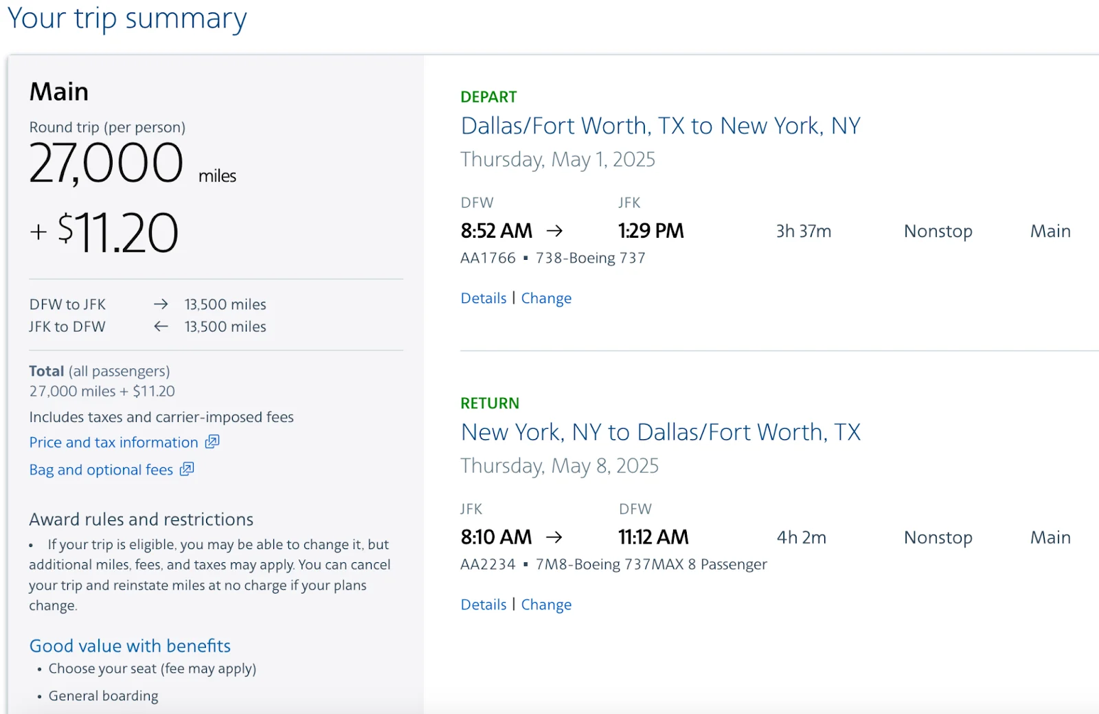 Screenshot of an American Airlines trip summary showing a Dallas to New York roundtrip priced at 27,000 miles plus $11.20