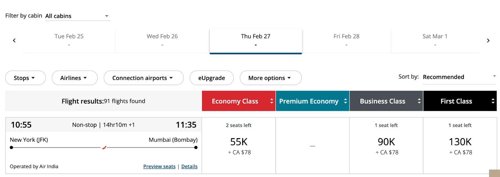Screenshot of an Air Canada award search from New York to Mumbai on Air India showing business class priced at 90,000 points and first class at 130,000 points
