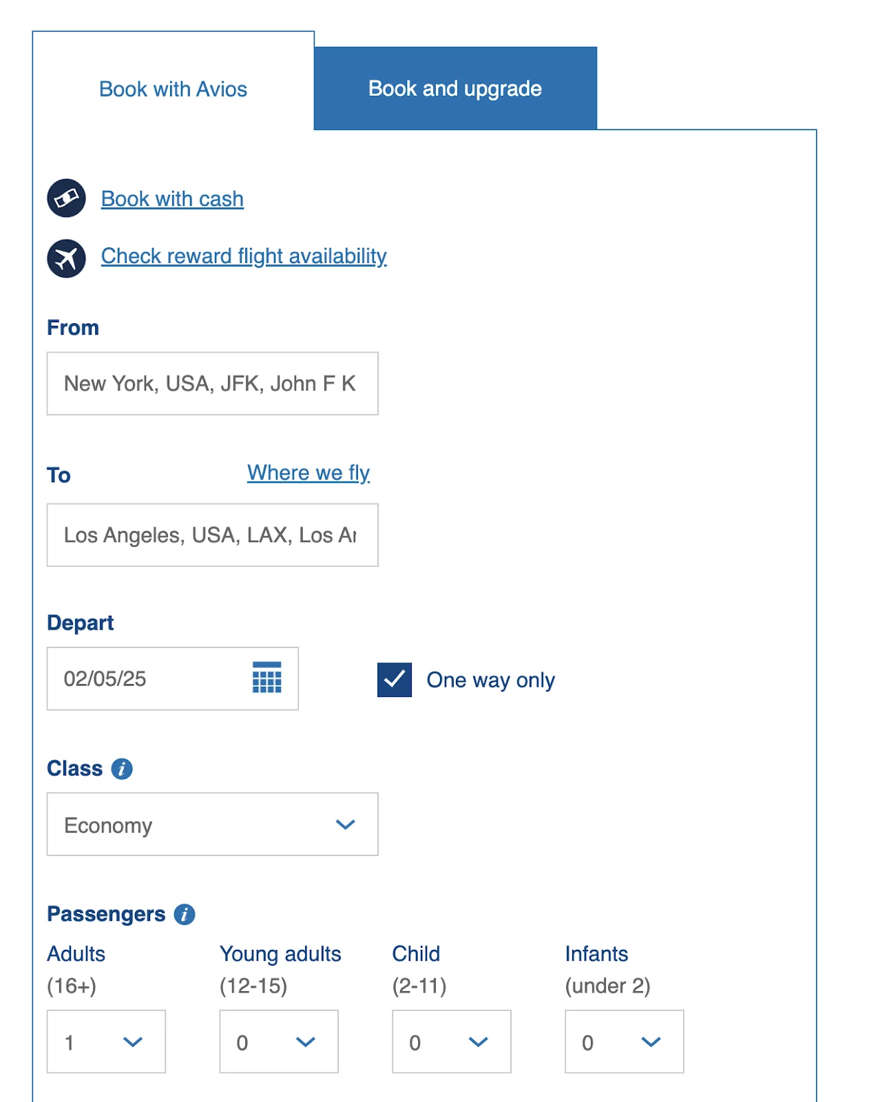 British Airways booking form for a one-way JFK to Los Angeles flight, with tabs to book with Avios or book and upgrade