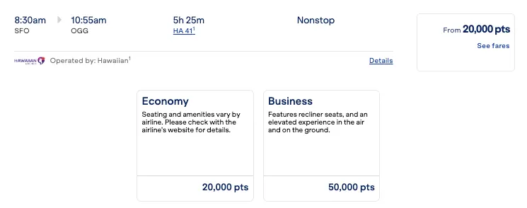 Screenshot of a JetBlue award search for a Hawaiian Airlines-operated San Francisco to Maui flight, priced at 20,000 points in economy and 50,000 in business.