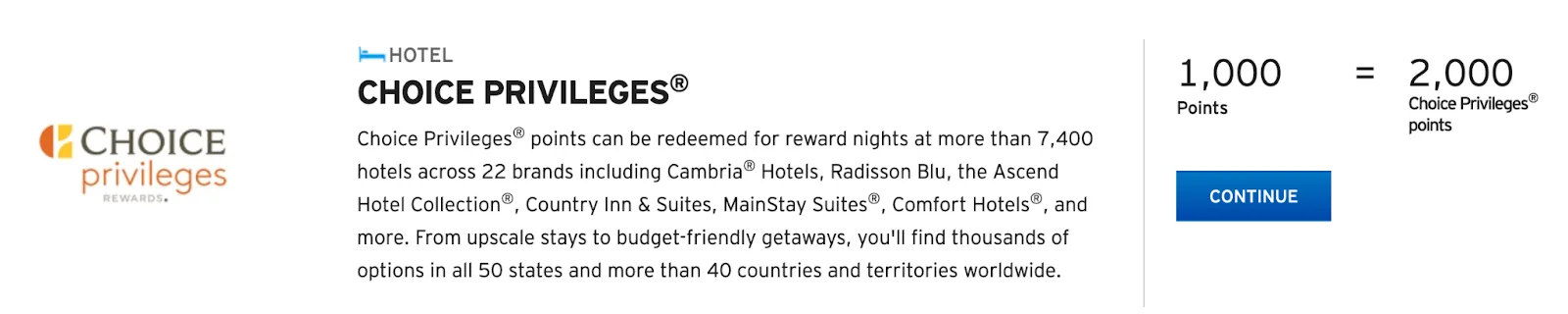Screenshot of a Citi ThankYou transfer partner listing showing Choice Privileges hotel points at a 1:2 transfer ratio.