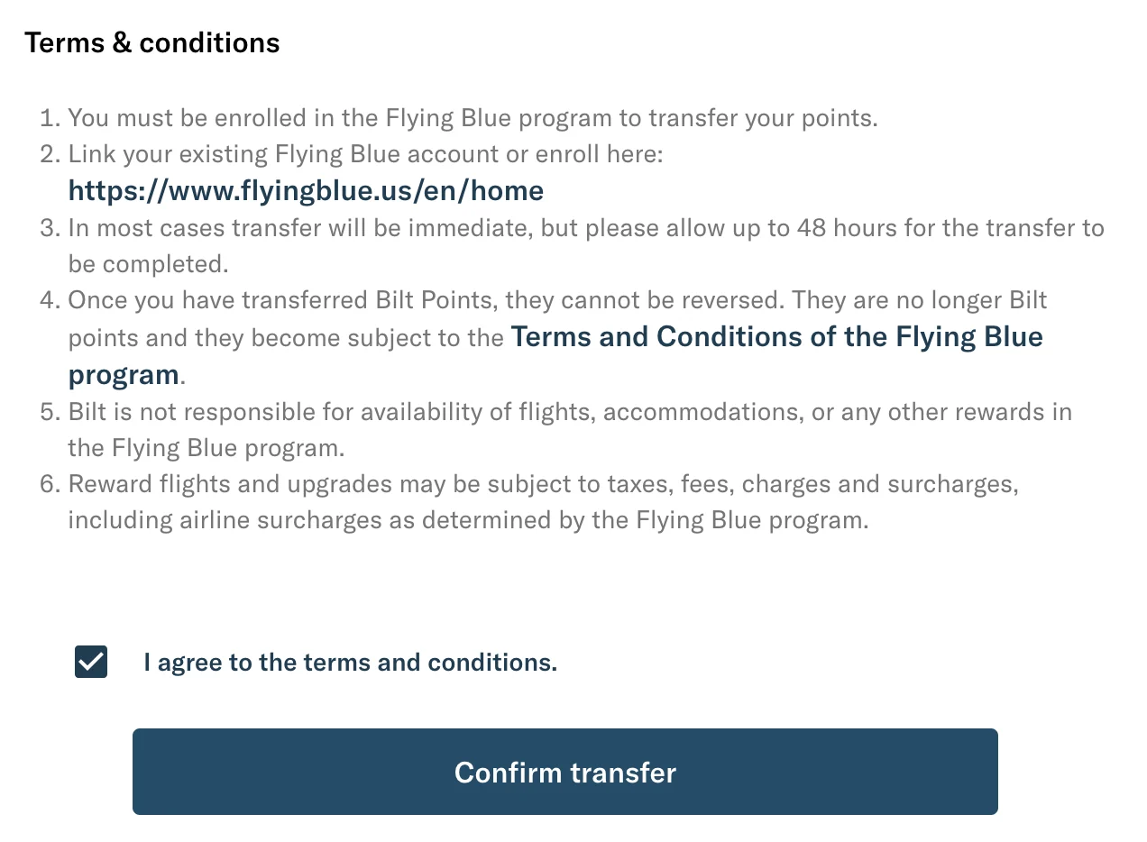 Bilt app terms and conditions screen with the agreement checkbox and Confirm Transfer button for a Flying Blue points transfer