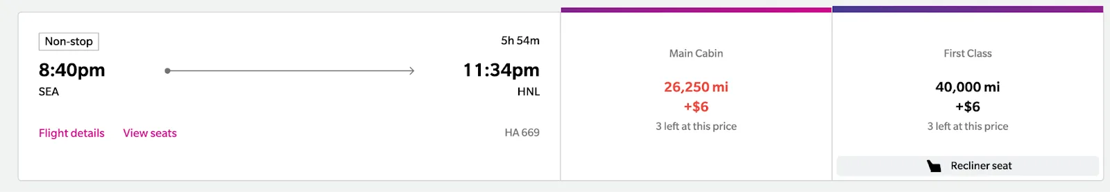 Screenshot of a Hawaiian Airlines award search for a nonstop Seattle to Honolulu flight, showing 26,250 miles in Main Cabin or 40,000 miles in First Class with a recliner seat.