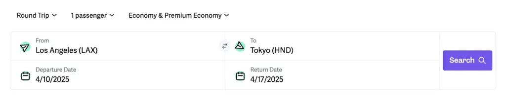 Screenshot of a flight search form set for a round trip from Los Angeles (LAX) to Tokyo (HND)