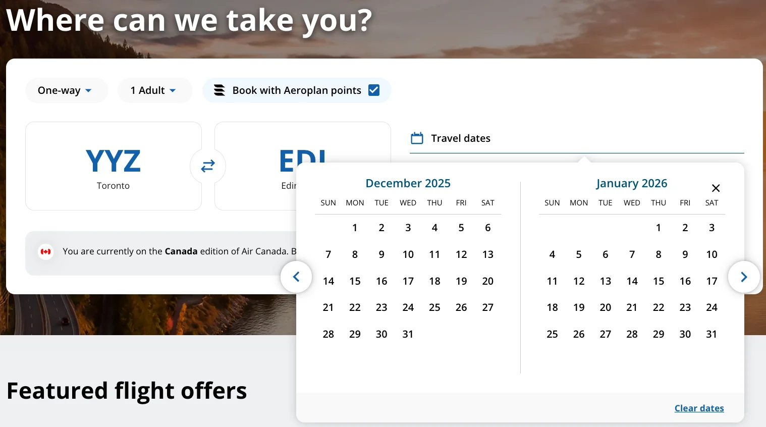 Screenshot of the Air Canada flight search tool showing a Toronto to Edinburgh route with the Book with Aeroplan points option selected