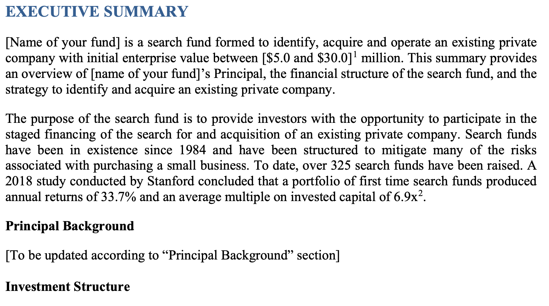 Executive summary of a PPM for a traditional search fund