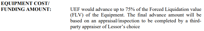 Funding amount for an equipment sale-leaseback