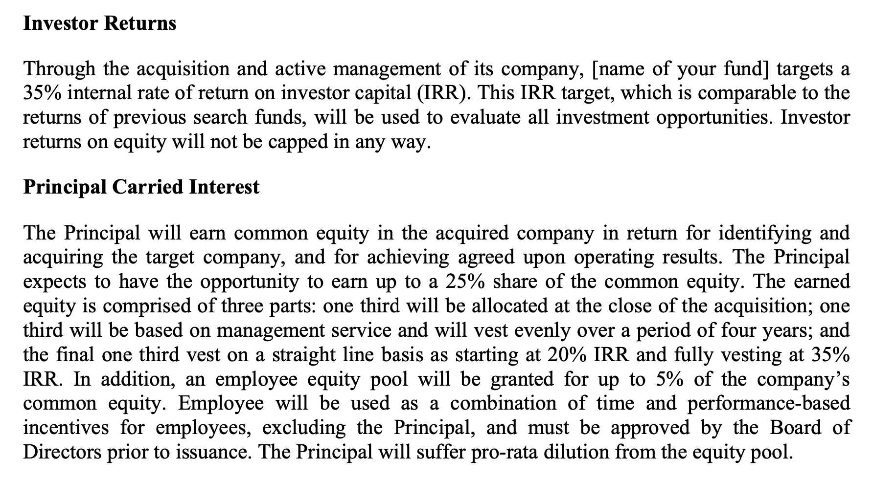 Summary of terms for a traditional search fund