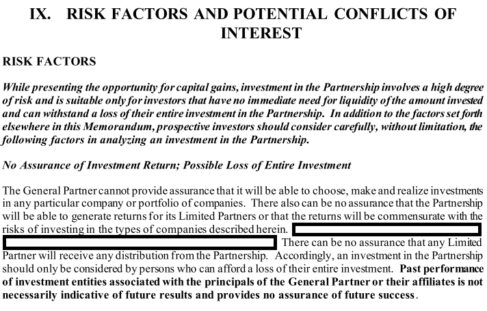 Risk factors section in a private placement memorandum