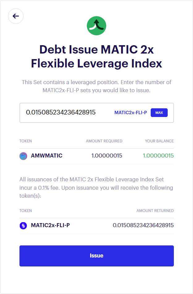 Screenshot of UI showing that once you have supplied AMWMATIC and approved the Set smart contract, you will be able to issue FLI tokens.
