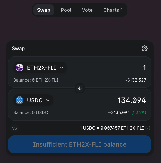 ETH 2x FLI flexible leverage index token swap for USDC shows insufficient ETH2x-FLI balance for the swap to proceed.
