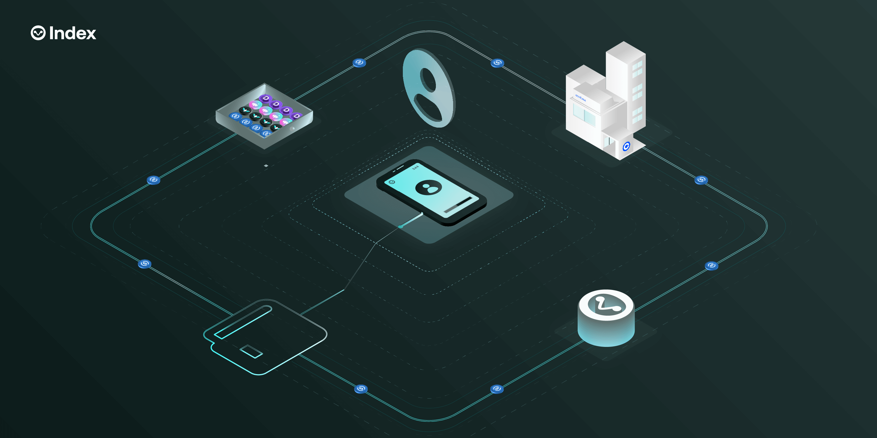 institutions products and phone connected to blockchain wallet and index coop logo interconnected against dark blue background