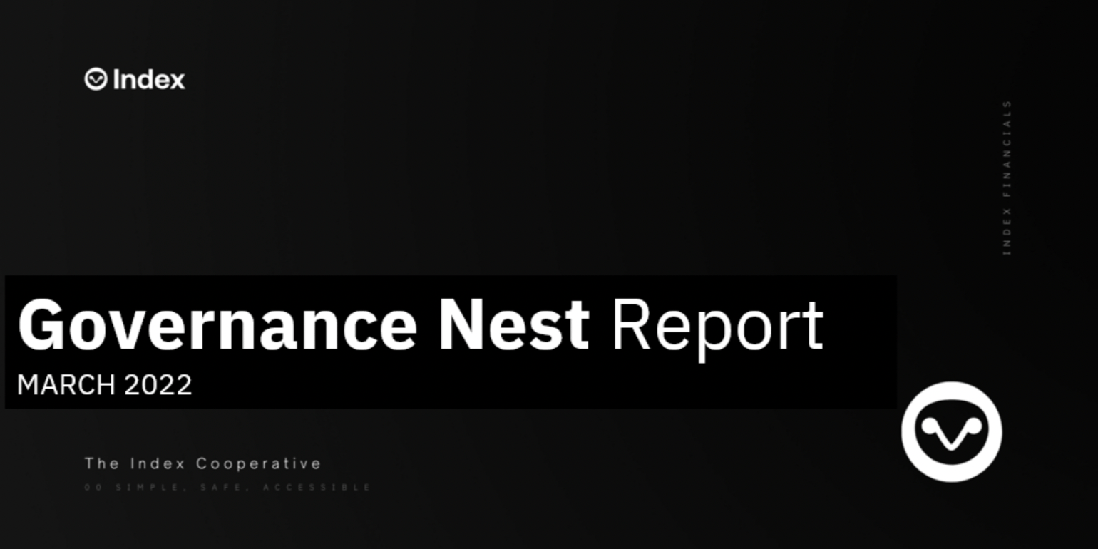 Hero image depicts Index Coop logo on a black background with the title "March Governance Report" 
