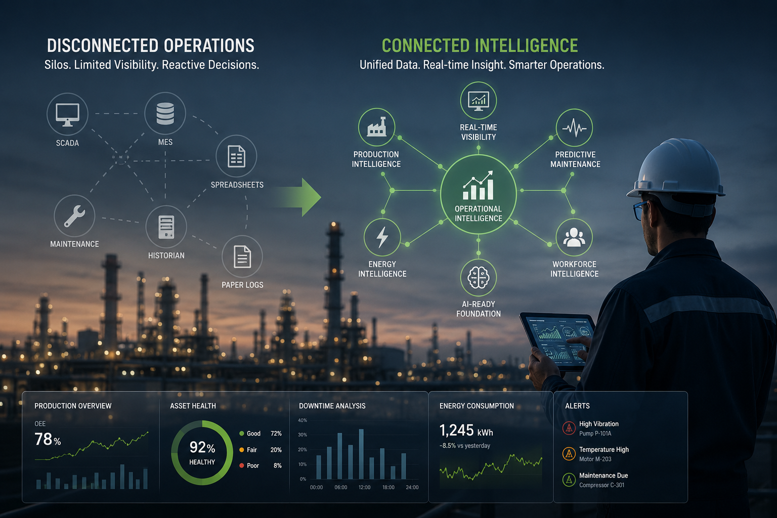 The image presents a premium industrial-tech visual that contrasts disconnected operations with connected operational intelligence