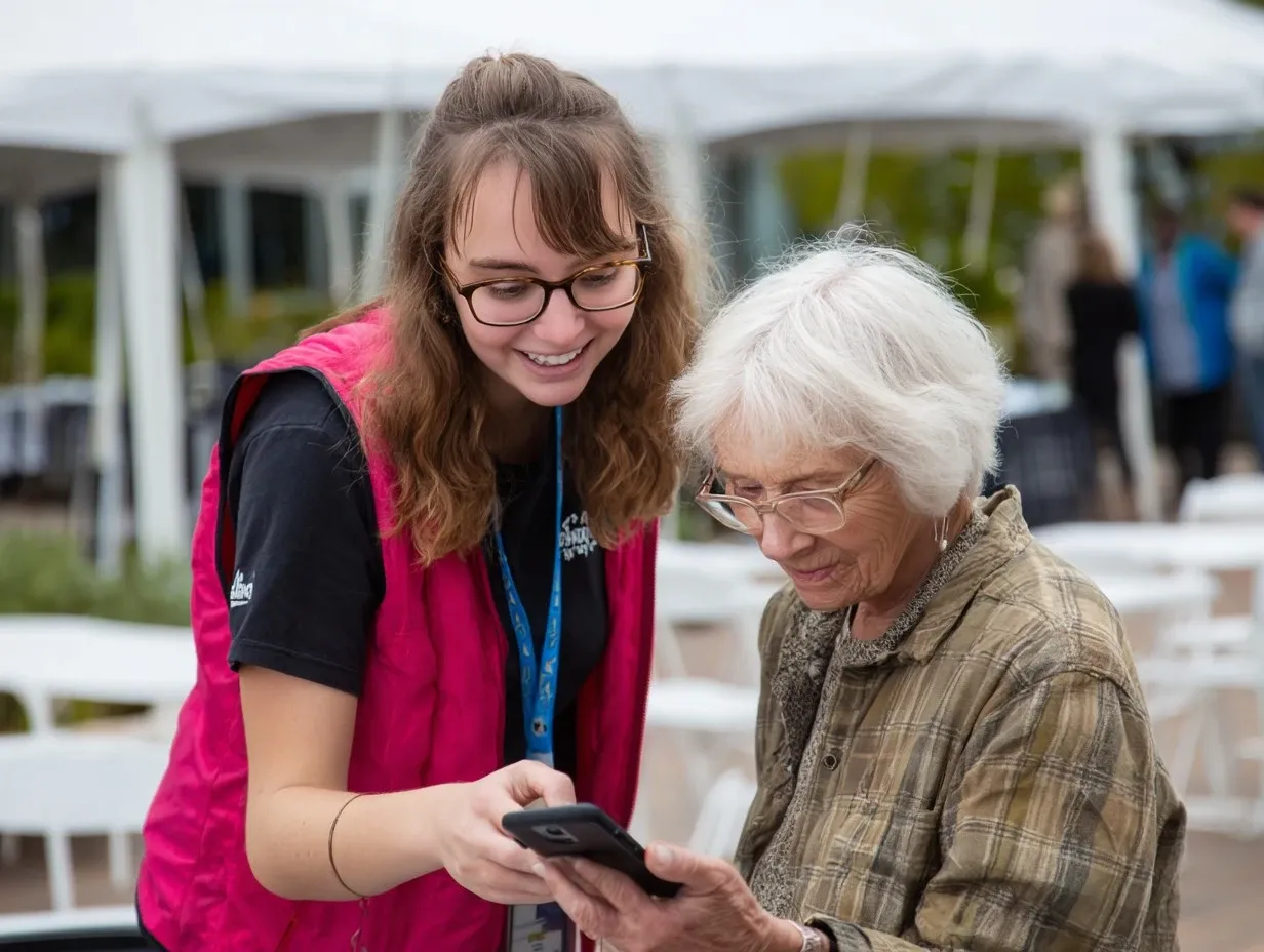 Volunteer-helping-donor-with-phone