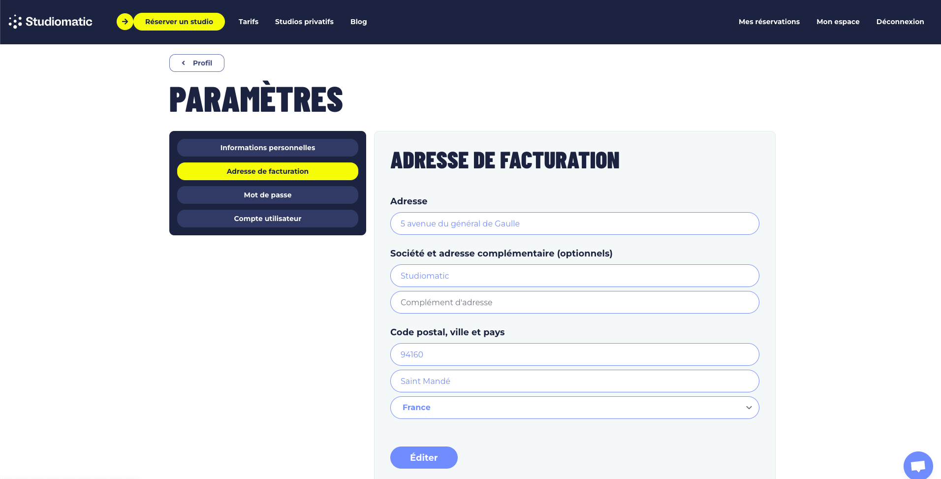 Adresse facturation réservation