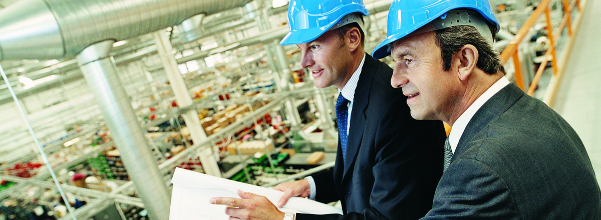 business men warehouse hardhats