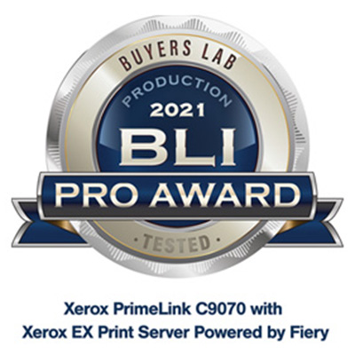 2021 BLI Pro Award Badge for the Xerox PrimeLink C9070 with Xerox EX Print Server powered by Fiery
