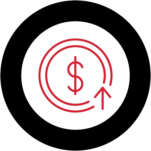 Black circle surrounding an icon of a dollar sign with an up arrow