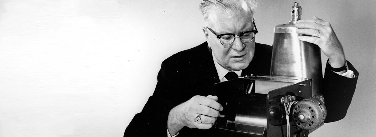 Chester Carlson demonstrating an early model Xerox copier