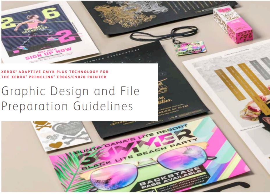 An image with Xerox PrimeLink print samples and the text "Graphic Design and File Preparation Guidelines"
