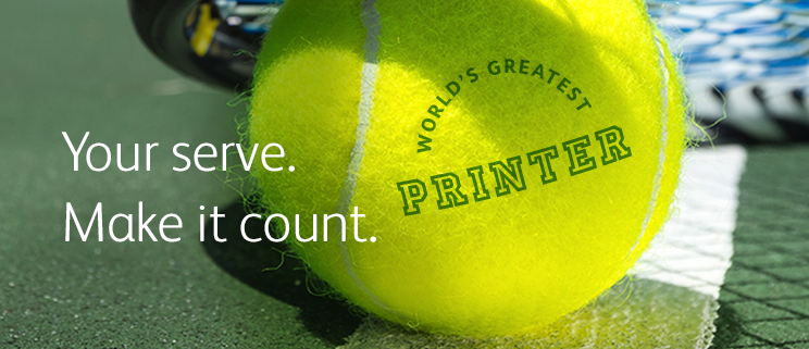 Tennis ball with the words "World's greatest printer" printed on the surface