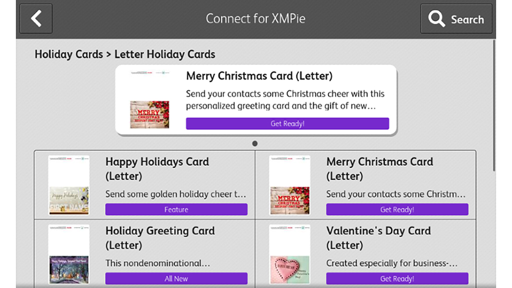 screen shot of Connect for XMPie app screen with Holiday Cards