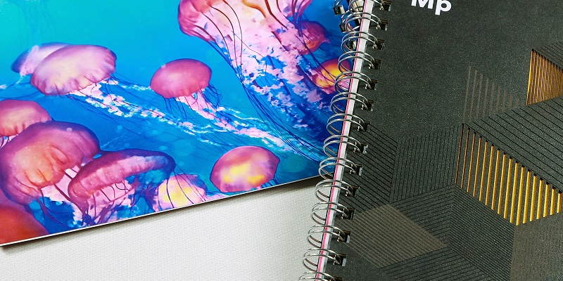 Spiral bound book with black and gold cover, brightly covered jellyfish