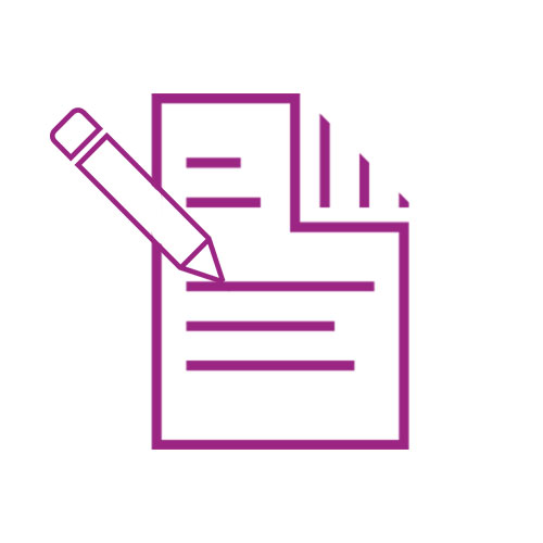 Pencil and paper icon in purple.