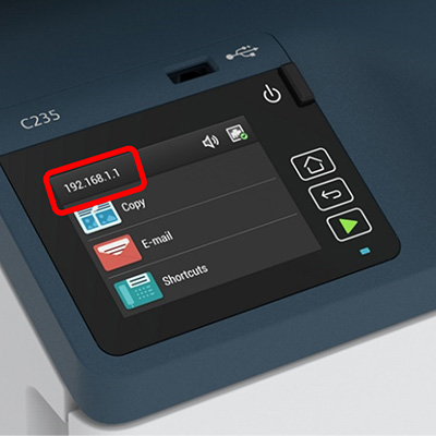 User interface of the Xerox C235 MFP with the IP address highlighted