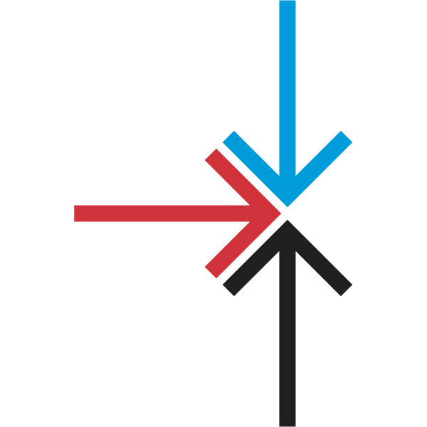 Red, blue and black arrow pointing at a central point