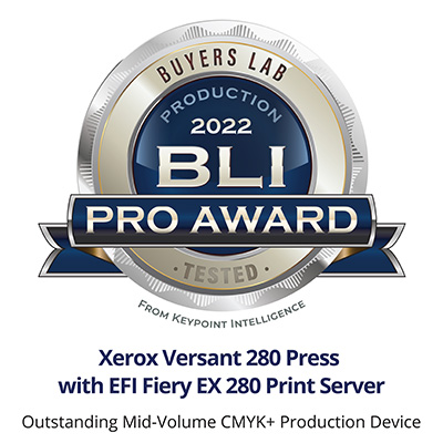2022 BLI Pro Award for the Xerox Versant 280 Press with EFI Fiery EX 280 Printer Server. Outstanding Mid-Volume CMYK+ Production Device badge