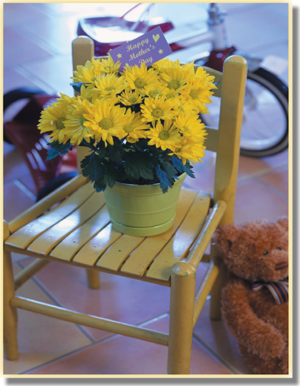 A flower pot with yellow daisies, sitting on a chair