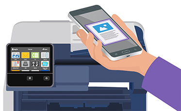 Infographic of a hand holding a smartphone in front of a Xerox VersaLink MFP