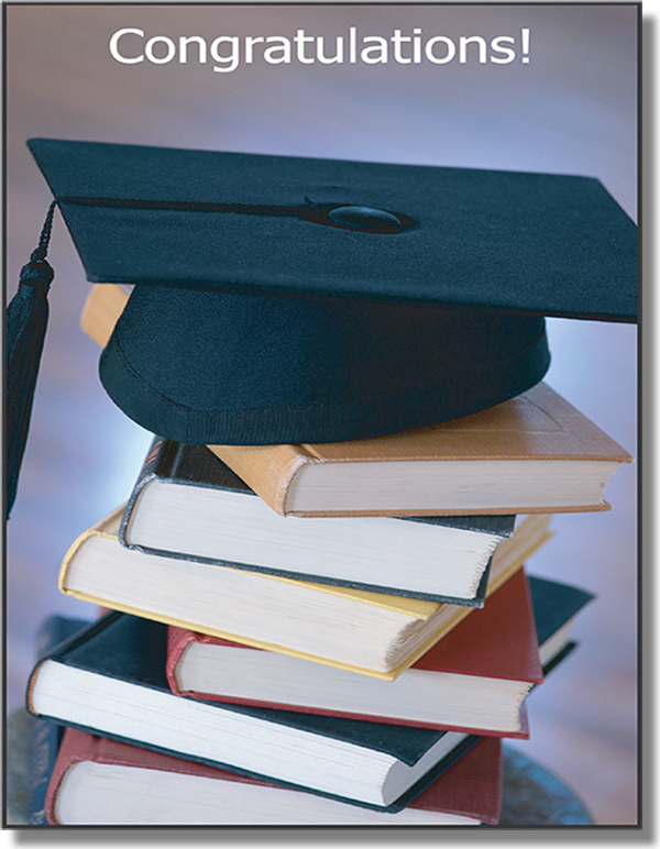 Stack of books with a graduation cap on top, with the text "Congratulations!"