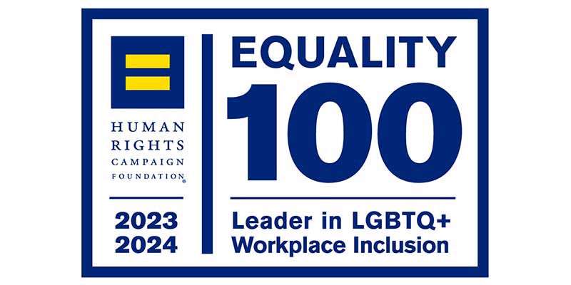 Award logo for the Equality 100 Leader in LGBTQ+ Workplace Inclusion 2023-2024